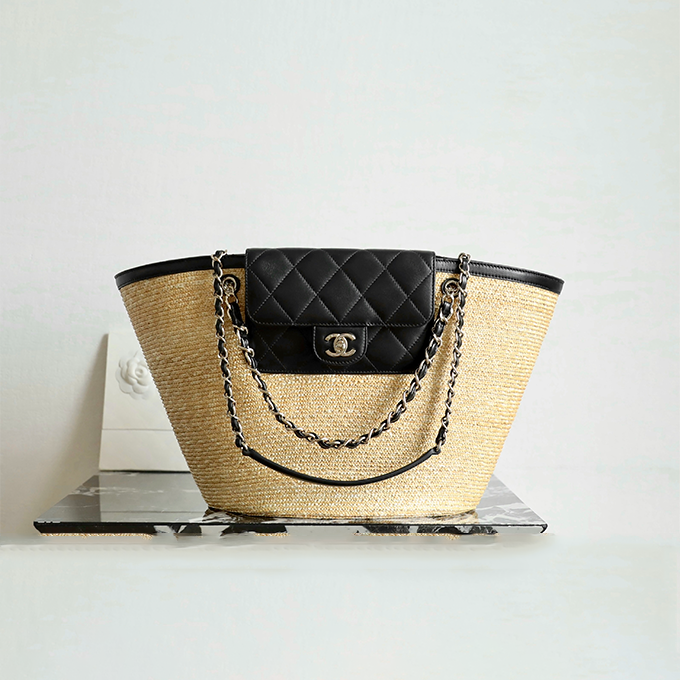 chanel large raffia lambskin cocobeach shopping tote bag